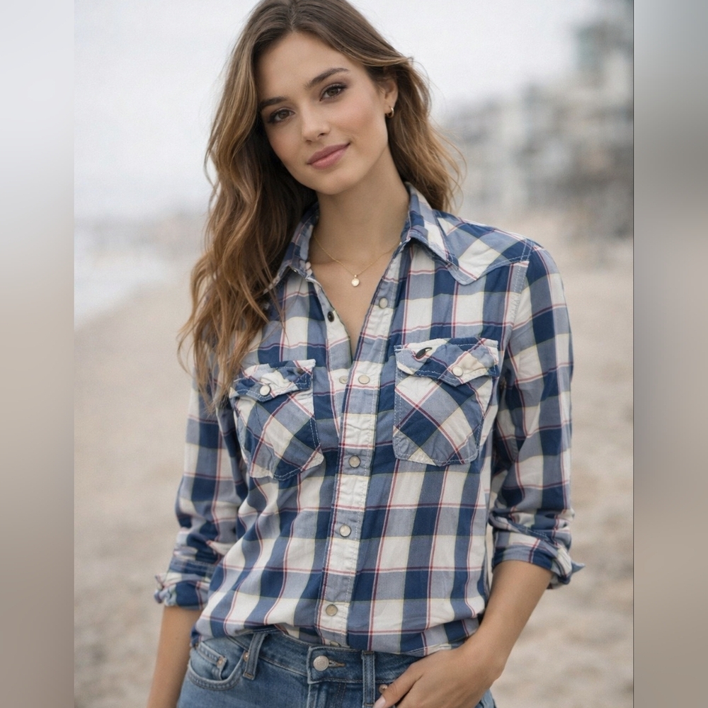 Hollister Blue White Red Plaid Pearl Snap Button Down Y2K Plaid Westernâ Small